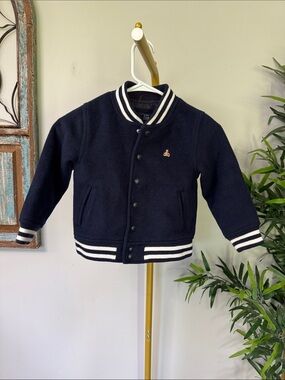 GAP Navy Kids Fleece Bomber Jacket with White Stripe Trim